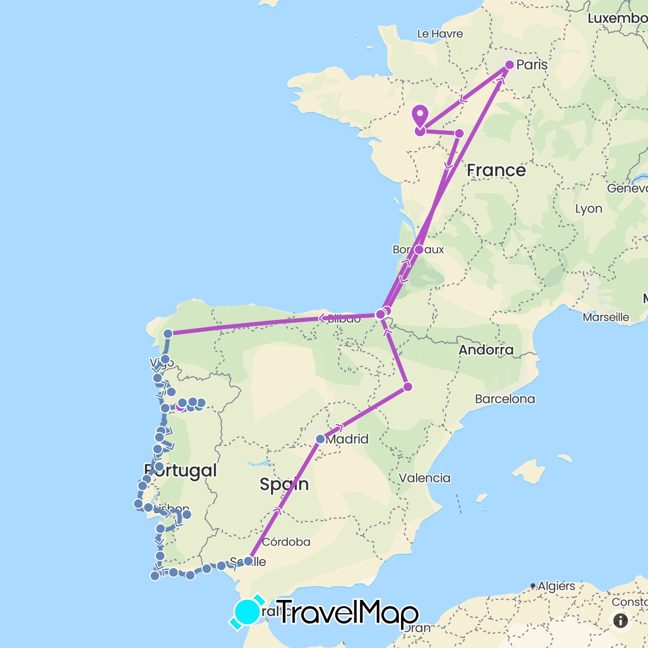 TravelMap itinerary: driving, cycling, train in Spain, France (Europe)
