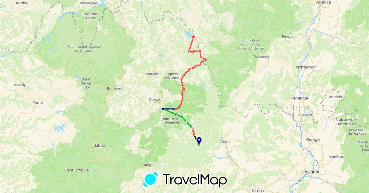 TravelMap itinerary: driving, bus, hiking in France (Europe)