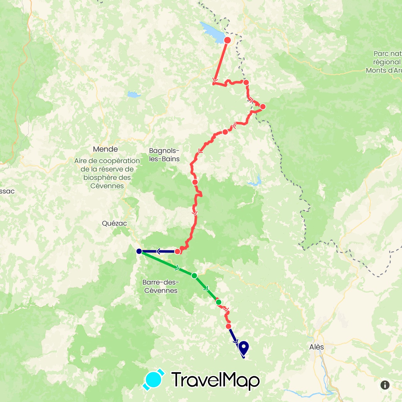 TravelMap itinerary: driving, bus, hiking in France (Europe)