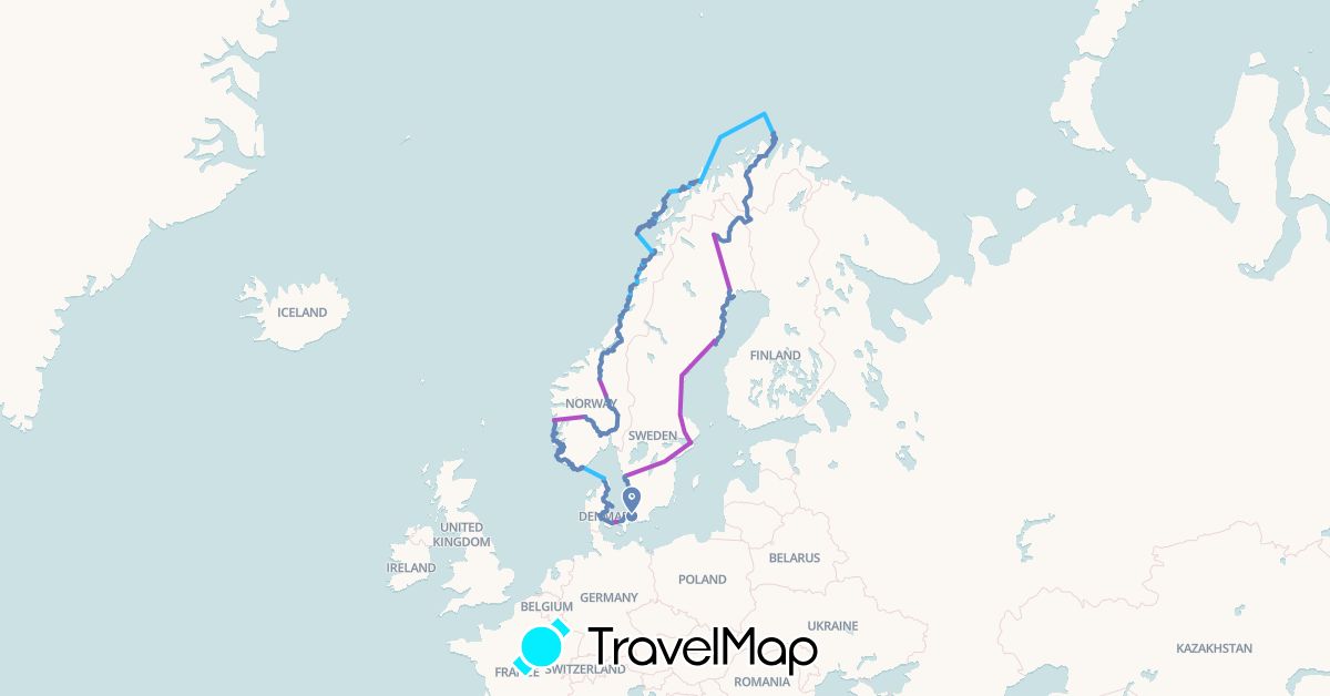 TravelMap itinerary: cycling, train, hiking, boat in Denmark, Norway, Sweden (Europe)