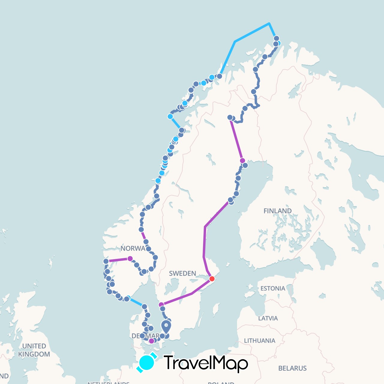 TravelMap itinerary: cycling, train, hiking, boat in Denmark, Norway, Sweden (Europe)