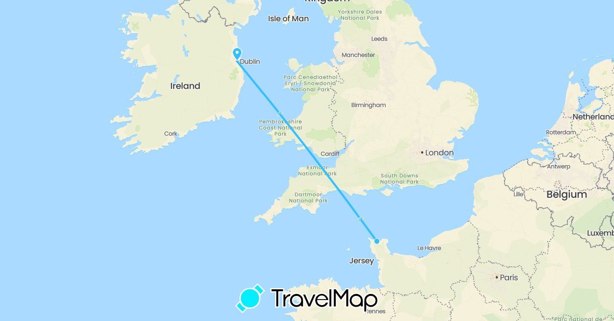 TravelMap itinerary: driving, boat in France, Ireland (Europe)