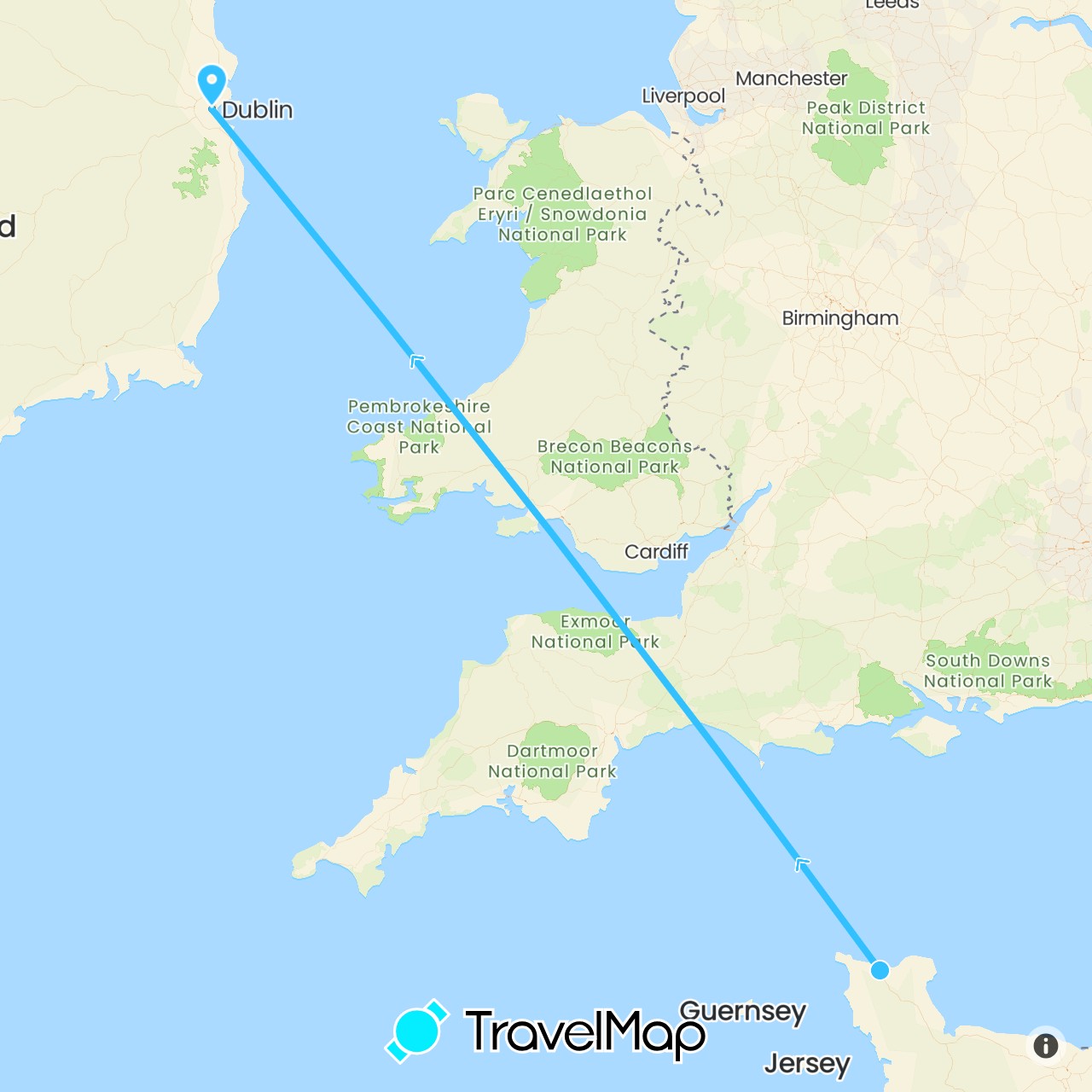 TravelMap itinerary: driving, boat in France, Ireland (Europe)
