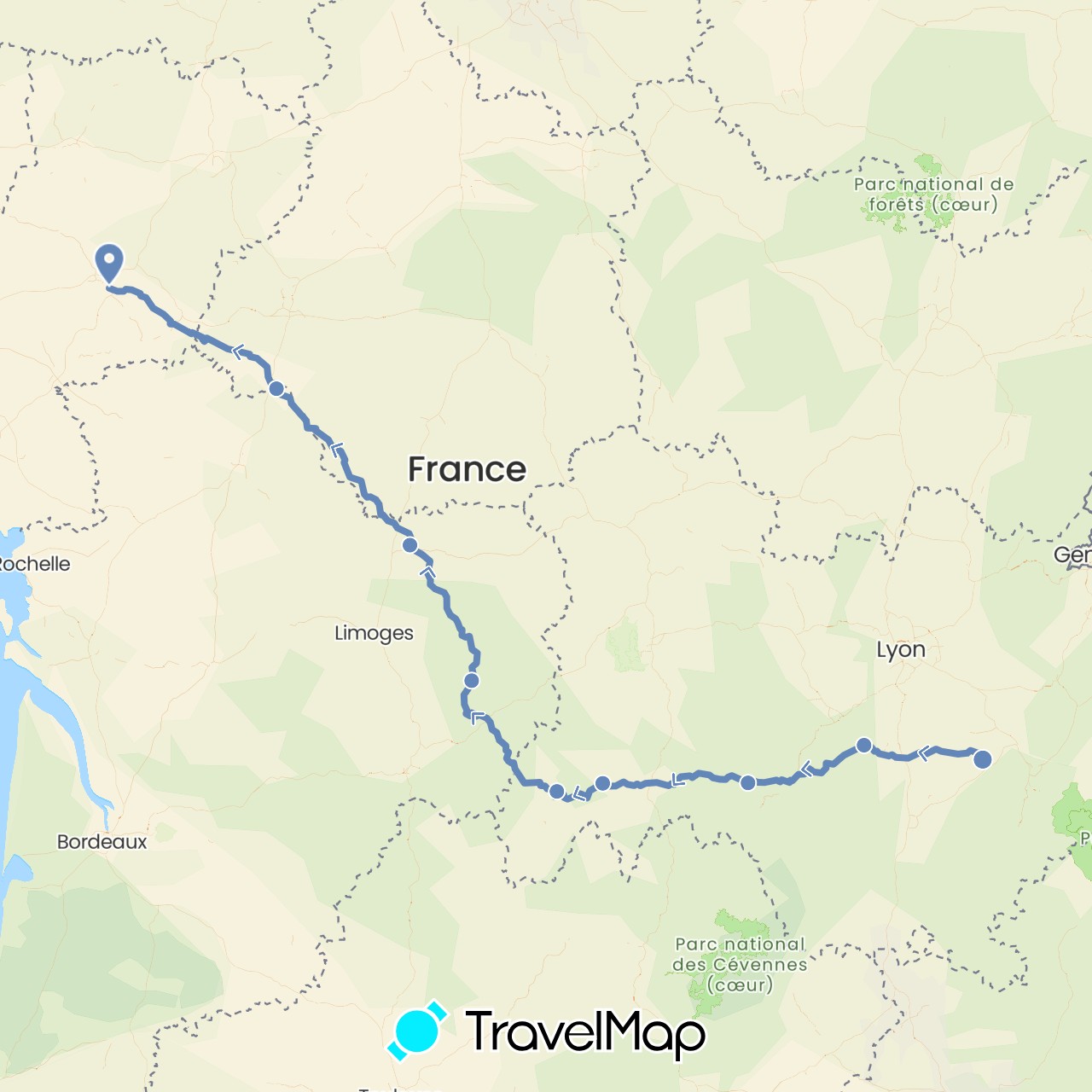 TravelMap itinerary: driving, cycling in France (Europe)