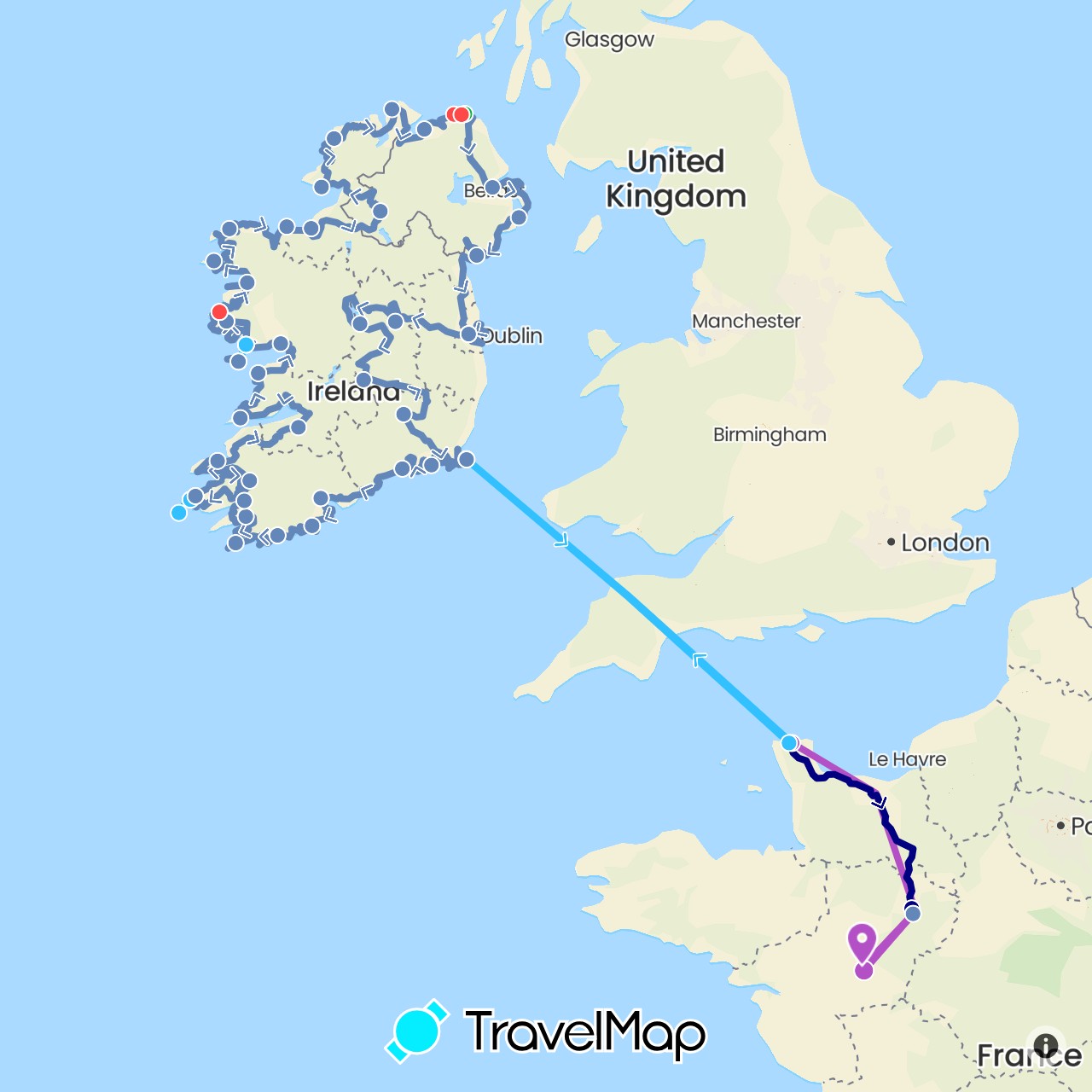 TravelMap itinerary: driving, bus, cycling, train, hiking, boat in France, United Kingdom, Ireland (Europe)