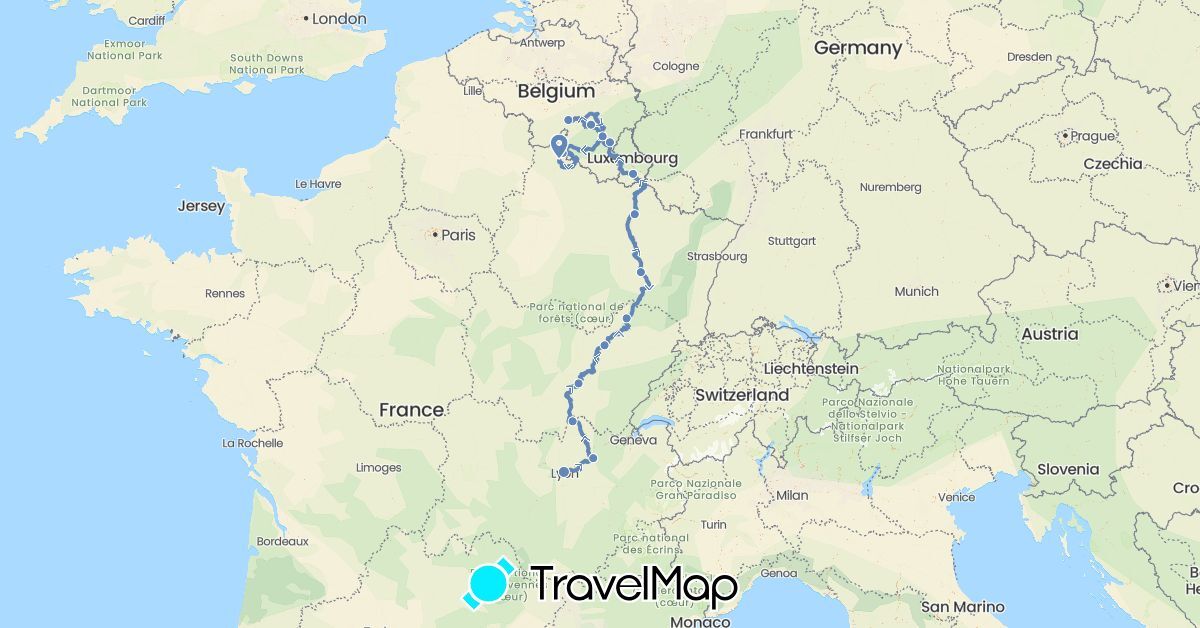 TravelMap itinerary: driving, cycling in Belgium, France, Luxembourg (Europe)
