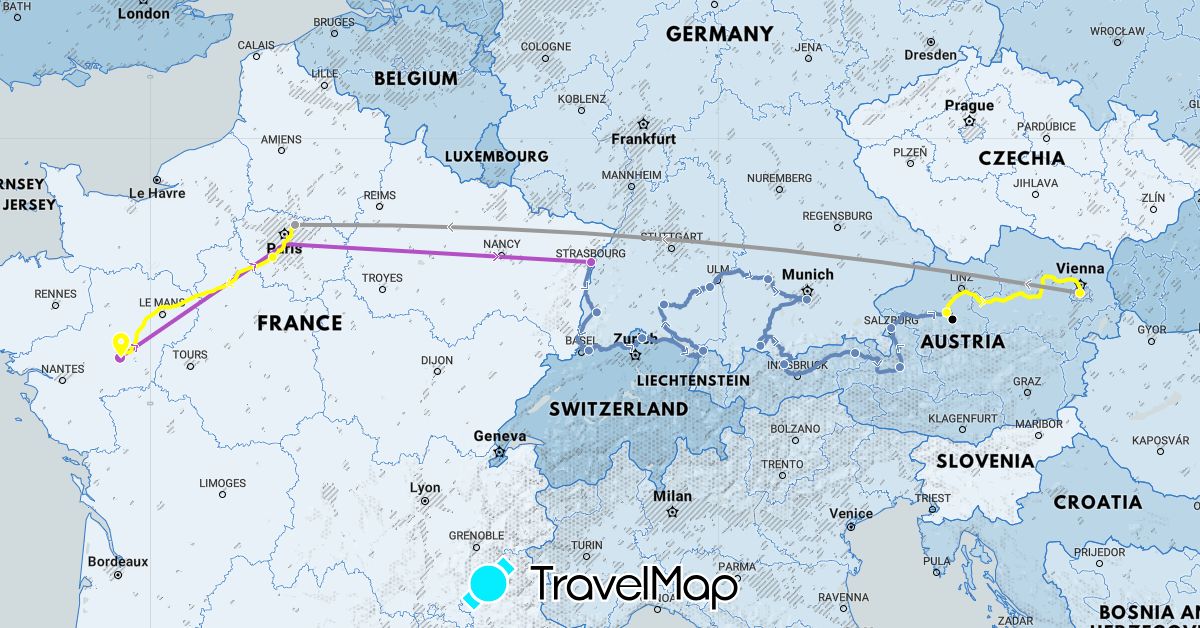 TravelMap itinerary: driving, plane, cycling, train, taxi, ambulance in Austria, Switzerland, Germany, France (Europe)