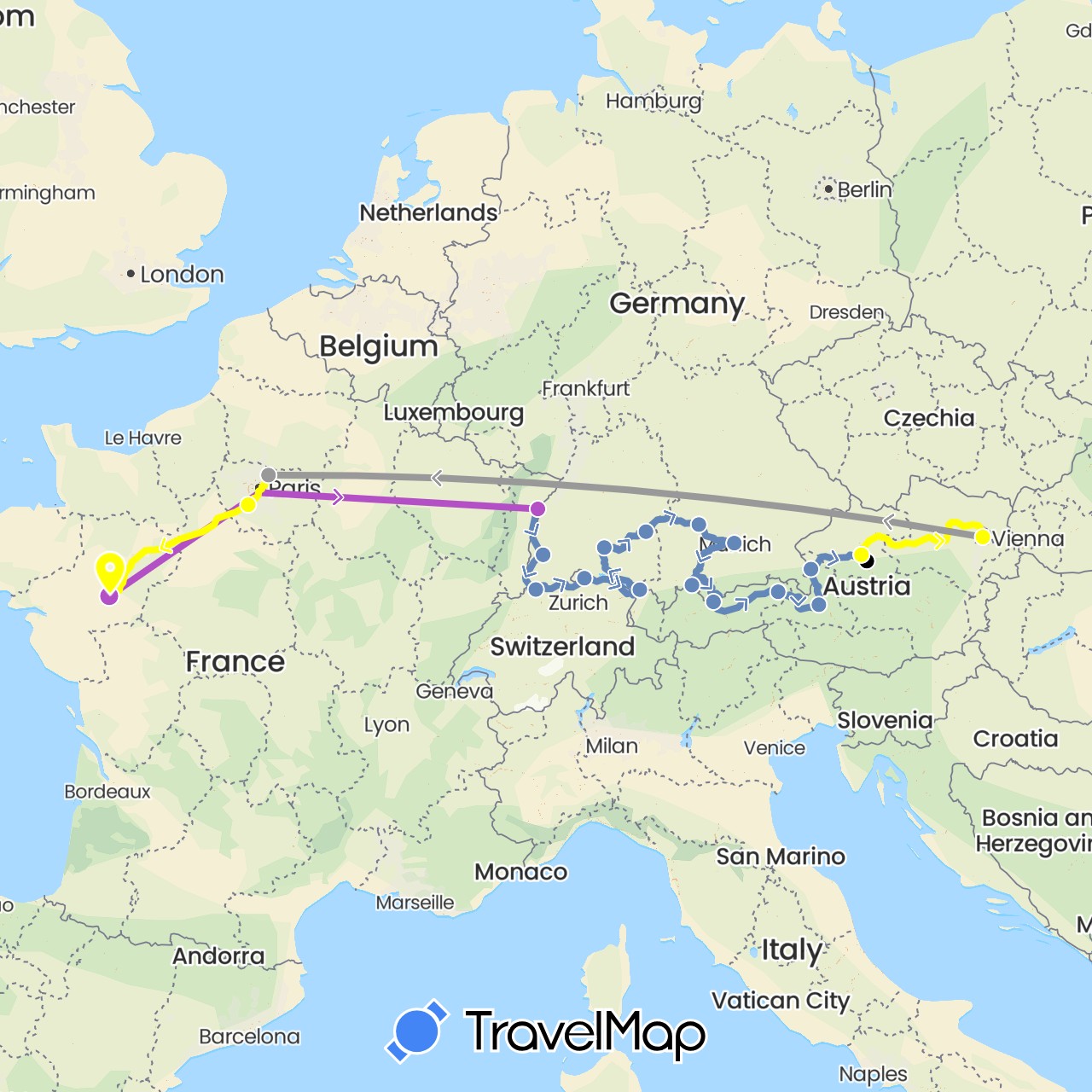 TravelMap itinerary: driving, plane, cycling, train, taxi, ambulance in Austria, Switzerland, Germany, France (Europe)