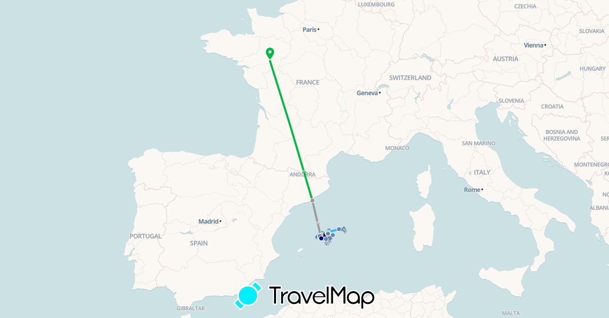 TravelMap itinerary: driving, bus, plane, cycling, boat in Spain, France (Europe)