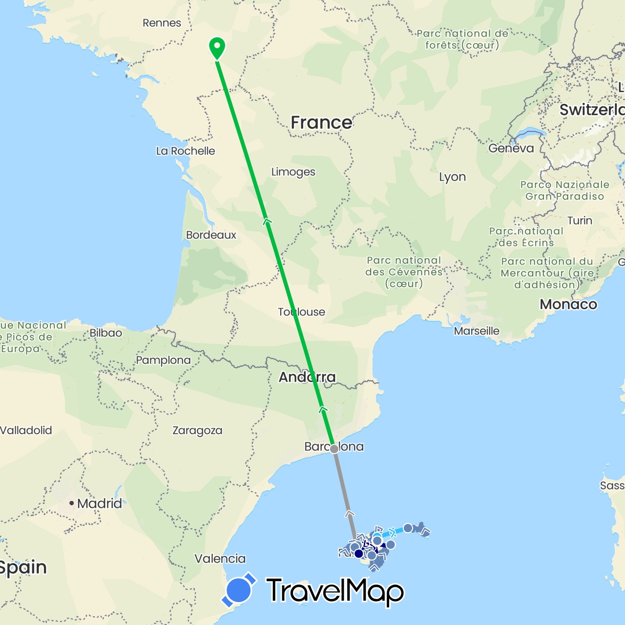 TravelMap itinerary: driving, bus, plane, cycling, boat in Spain, France (Europe)